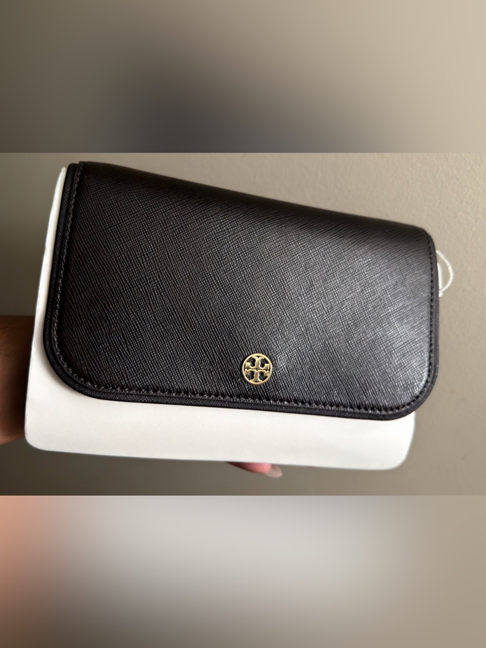 Tory Burch Cocoa and White Leather Crossbody with Gold Logo